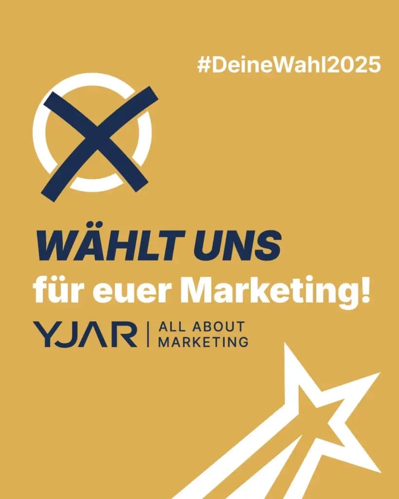 Wahlkreuz auf gelbem Grund mit dem Schriftzug „Wählt uns für euer Marketing!“