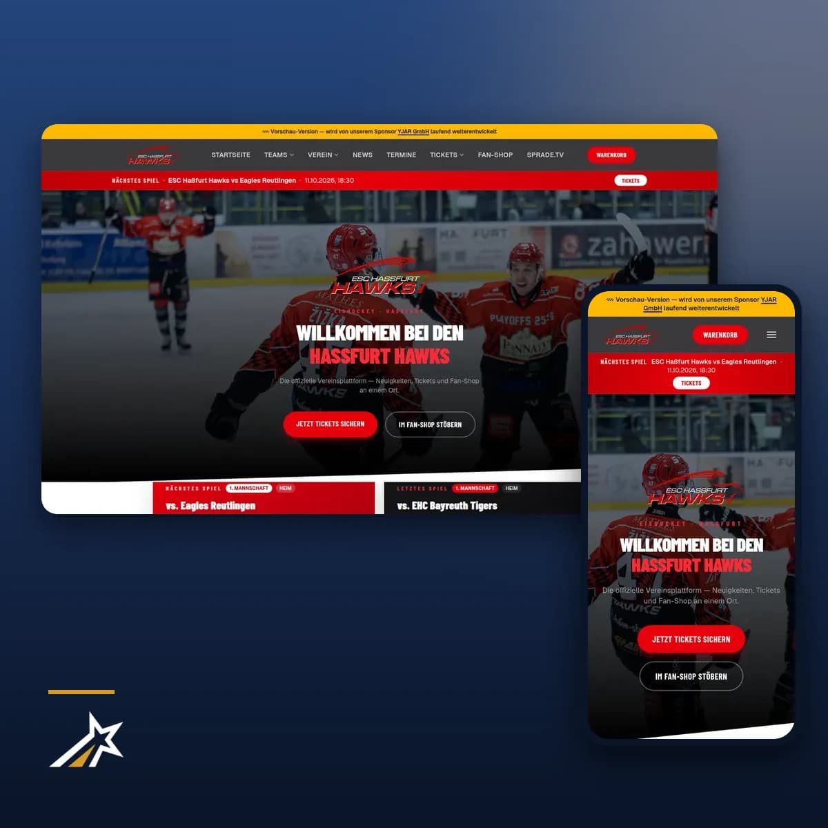 Startseite der Vereinsplattform der ESC Haßfurt HAWKS in der Desktop- und in der Handy-Ansicht