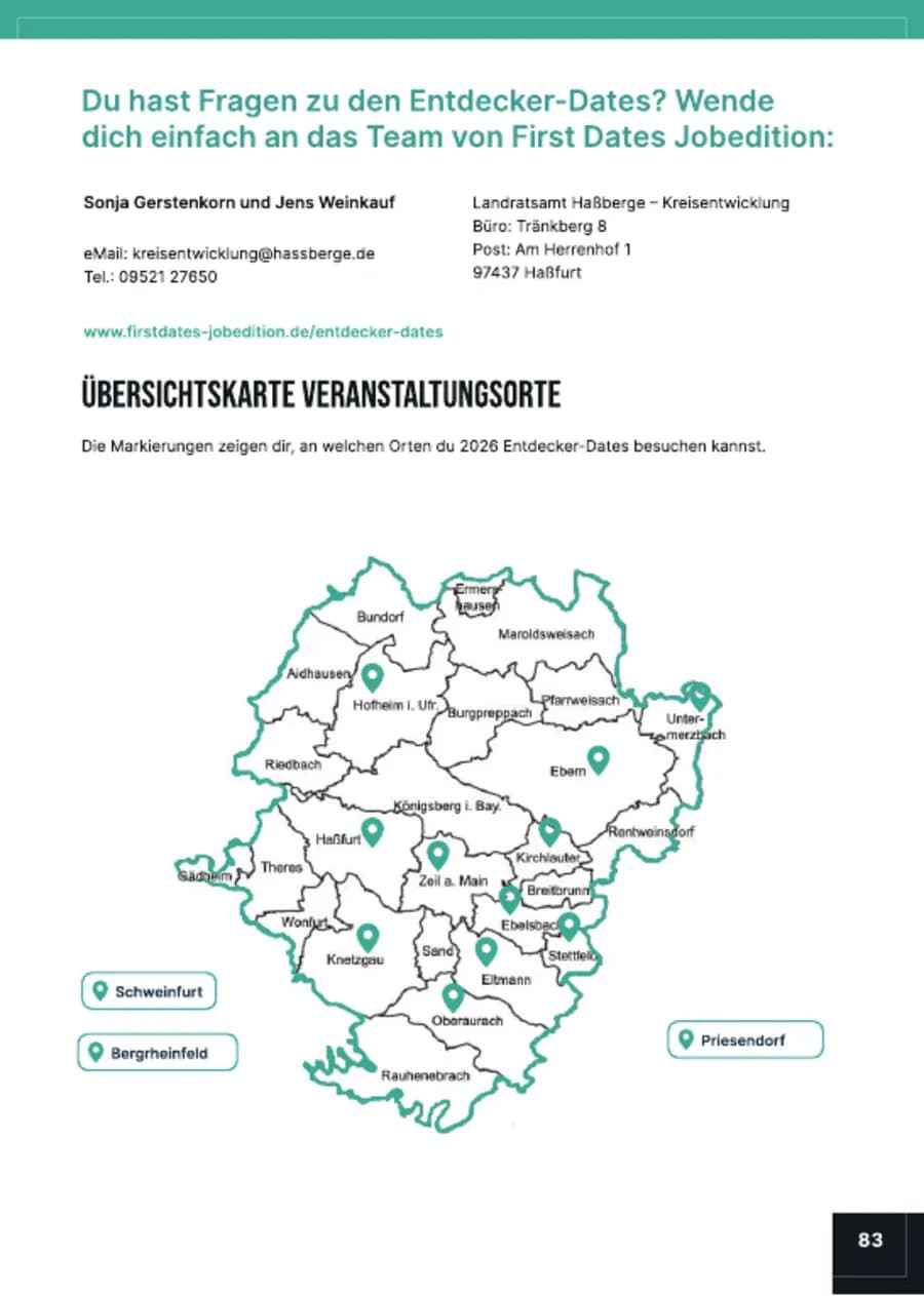 Broschüre Entdecker-Dates 2026, Seite: Kontakt & Landkreiskarte