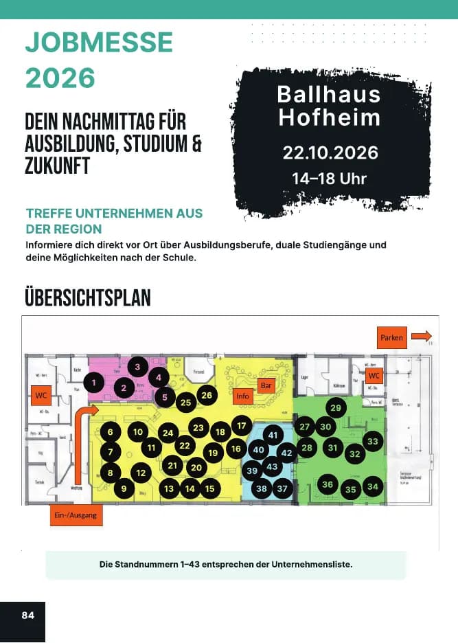 Seite „Jobmesse 2026“ mit Plan der Stände aus der Broschüre Entdecker-Dates des Landkreises Haßberge