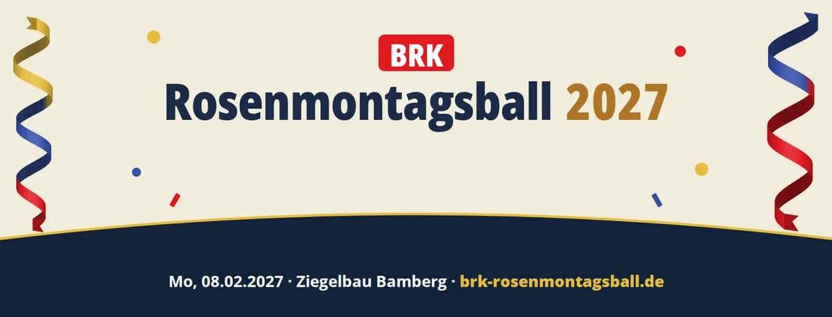 Titelbild des BRK Rosenmontagsballs 2027 mit Luftschlangen
