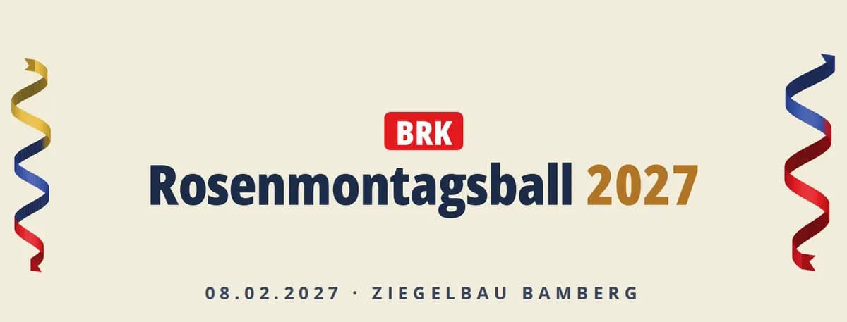 Facebook-Titelbild mit Wortmarke: BRK Rosenmontagsball 2027, 08.02.2027, Ziegelbau Bamberg