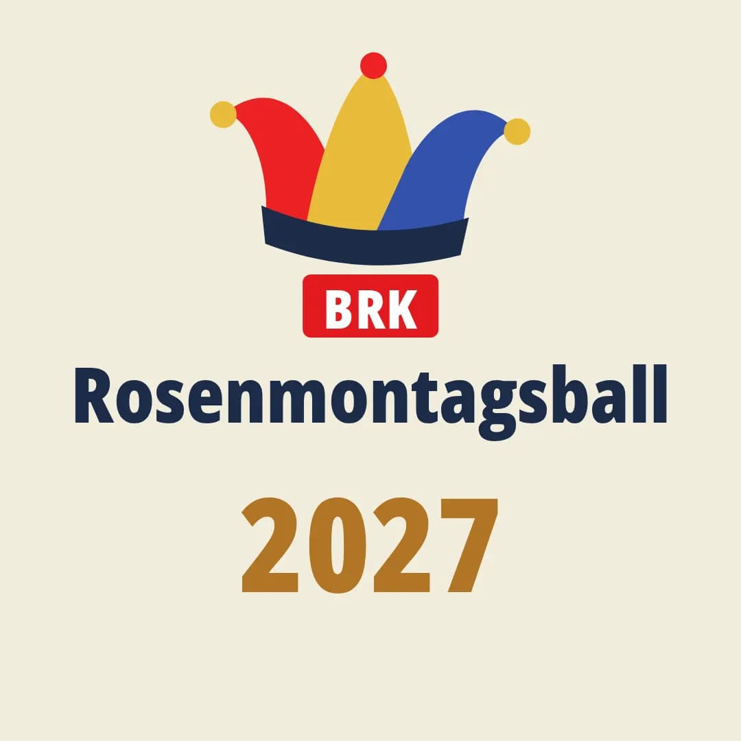 Quadratisches Profilbild: Narrenkappe, BRK-Logo und Schriftzug Rosenmontagsball 2027