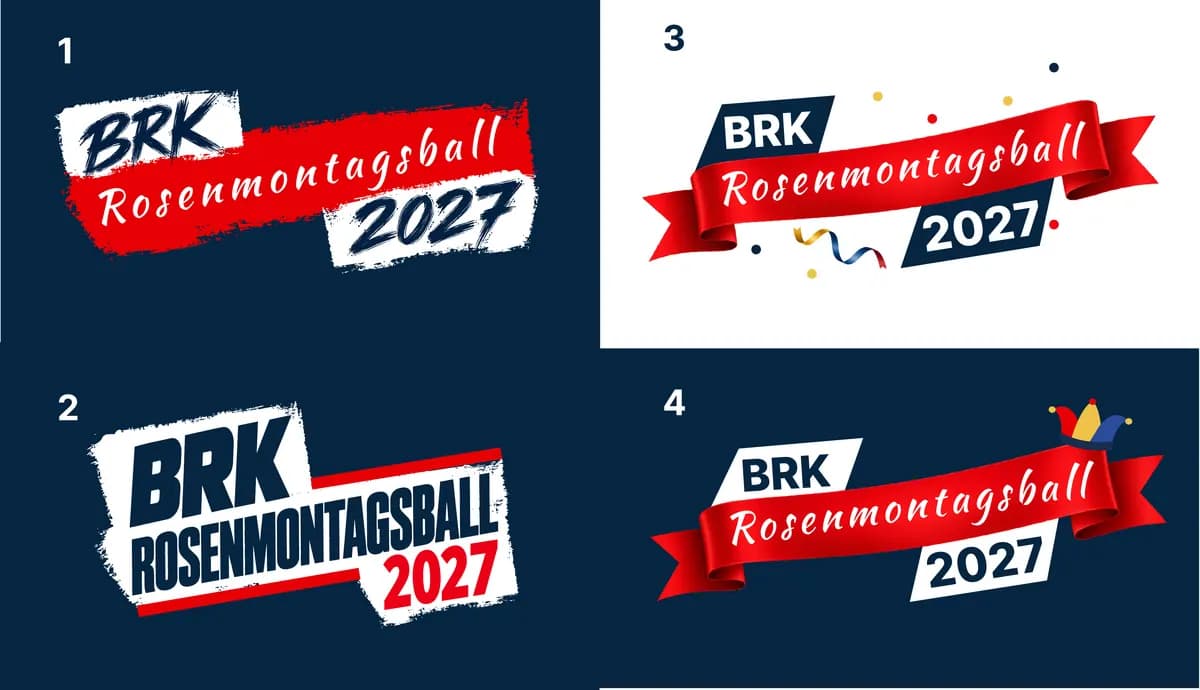 Vier Logo-Entwürfe für den BRK Rosenmontagsball 2027 mit Schriftzug und Banderolen