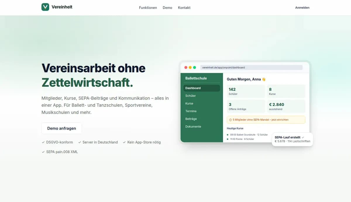 Website von Vereinheit mit Blick in die Vereinsverwaltung: Mitglieder, Kurse und Beiträge