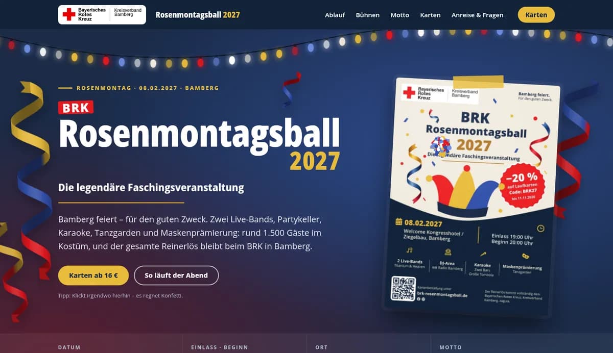Website des BRK Rosenmontagsballs 2027 mit Lichterkette und Titel (Ausschnitt)