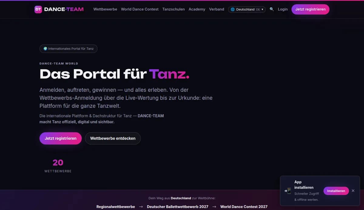 Startseite der Plattform DANCE-TEAM: Das Portal für Tanz