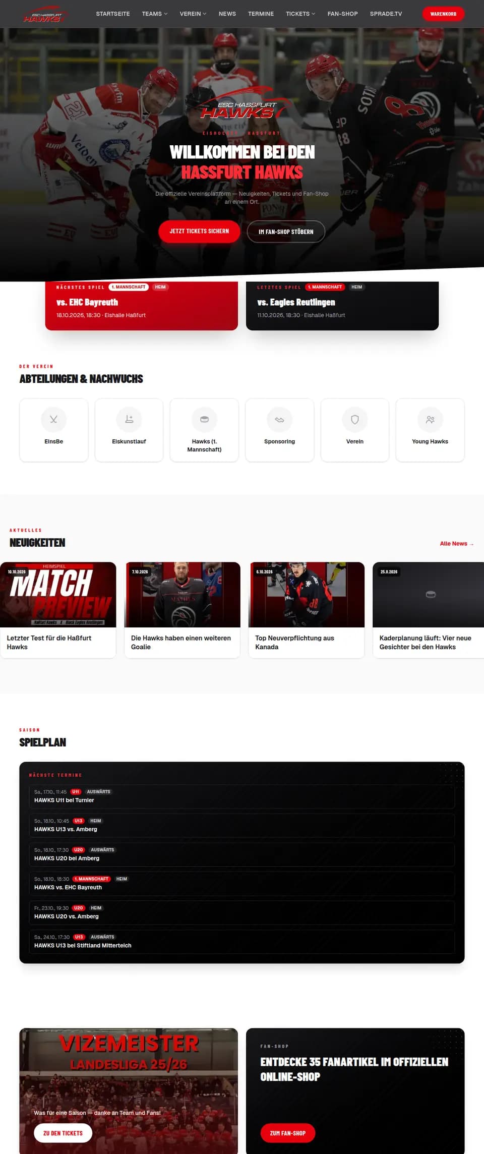 Website und Vereinsplattform der ESC Haßfurt HAWKS: Startseite, Abteilungen, Neuigkeiten, Spielplan und Fan-Shop