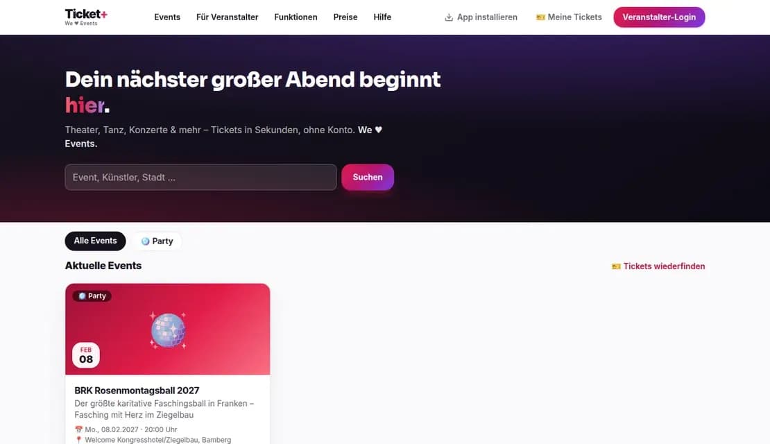 Startseite von Ticket+ mit aktuellen Veranstaltungen