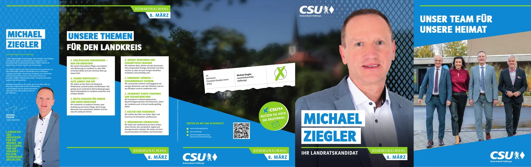 Außenseite der Kreistagsbroschüre: Themen für den Landkreis, Landratskandidat Michael Ziegler und das Team