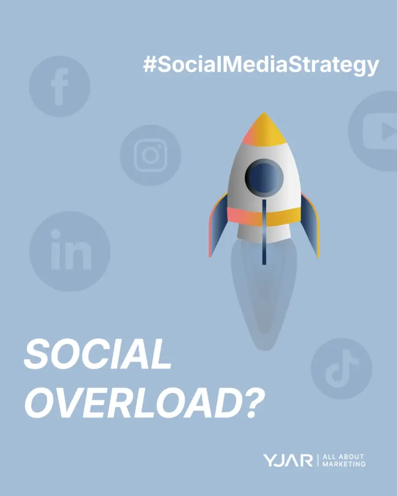 Social-Media-Plattformen wie TikTok, Instagram, LinkedIn, Google, Facebook und eine Rakete, welche sich hindurch navigiert als Symbol für strategische Ausrichtung